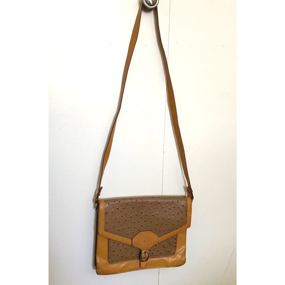 Vintage Taupe Ostrich Leather Handbag Purse with Honey Leather Strap & Trim